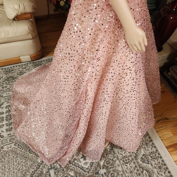 Dreamy Pink Heart-Sequined & Pearl Ball Gown Feathered & Corseted